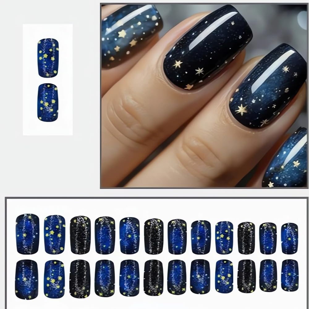24 Pcs Dark Blue Starry Sky Press on Nails Short Square Fake Nails Press ons Acrylic Nail Art Kit Glue on Nails Stars Design Acrylic False Nail Glossy Full Cover Artificial Stick on Nails for Women