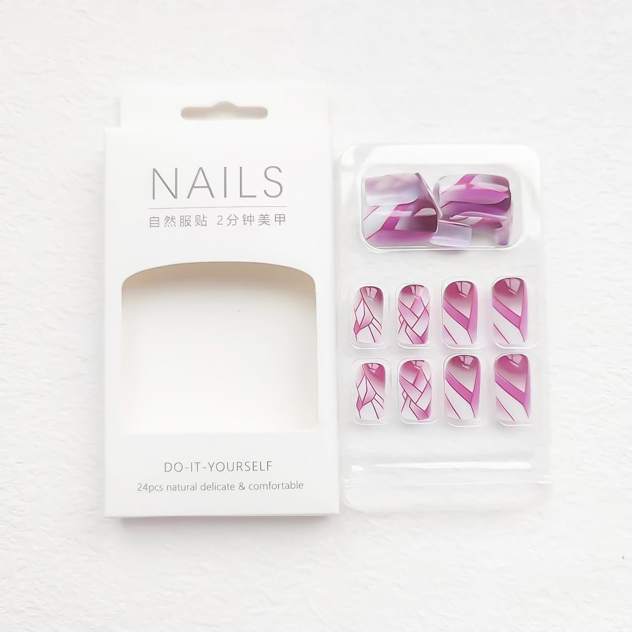 24Pcs Square Press on Nails Medium Fake Nails with Glossy Full Cover False Nails and Wine Red Broken Glass Pattern Acrylic Nails Square Glue on Nail for Women Manicure