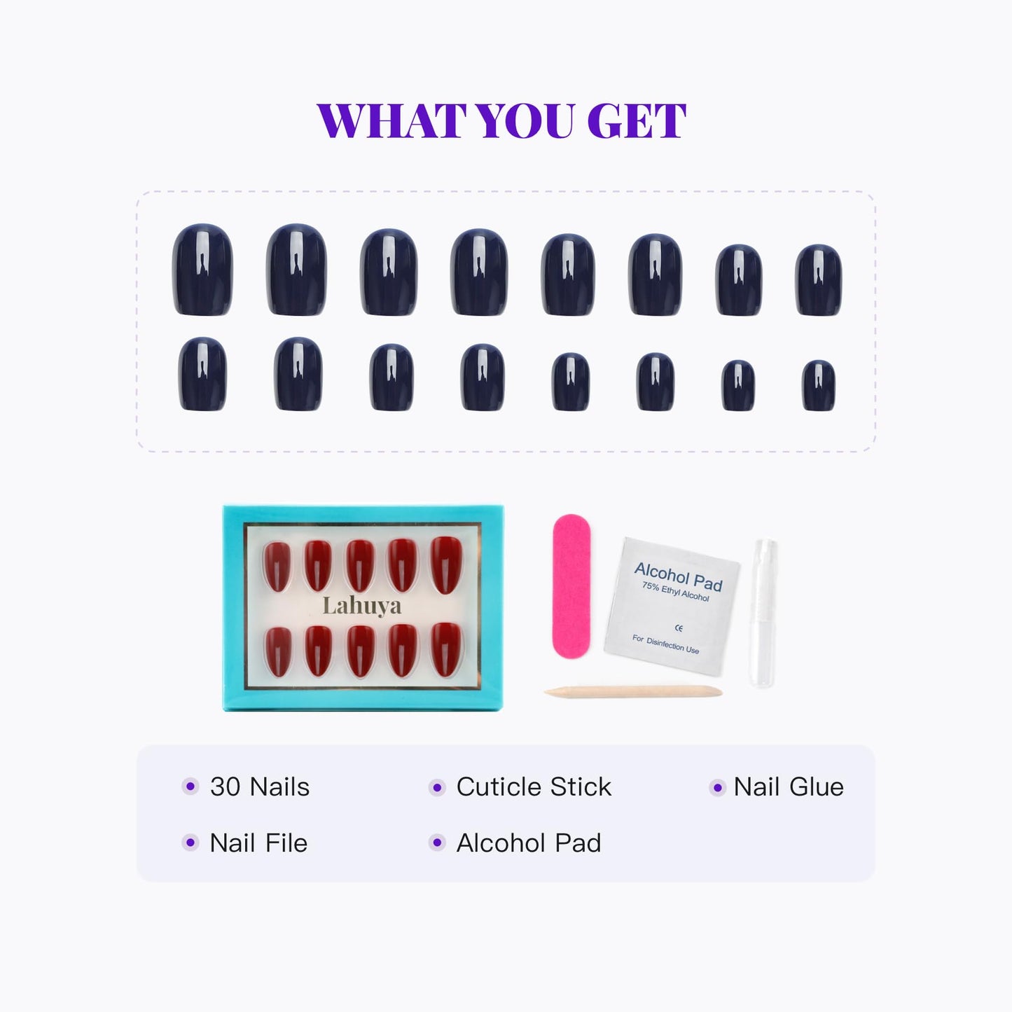 LAHUYA Press On Nails – Berry Glow | Nail Artist Designed Short Almond Fake Nails with Rich Berry Red Glossy Finish, 15 Sizes – 30 Nails Kit with Glue