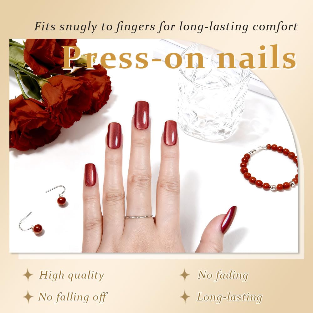 XZMeiLun Cat Eye Press On Nails - Glitter Rose Red Medium Square Magnetic Acrylic Fake Nails, Stylish Design, Salon-Quality Shiny Finish, Reusable Stick On Nails Kit for Women (No Glue Included)