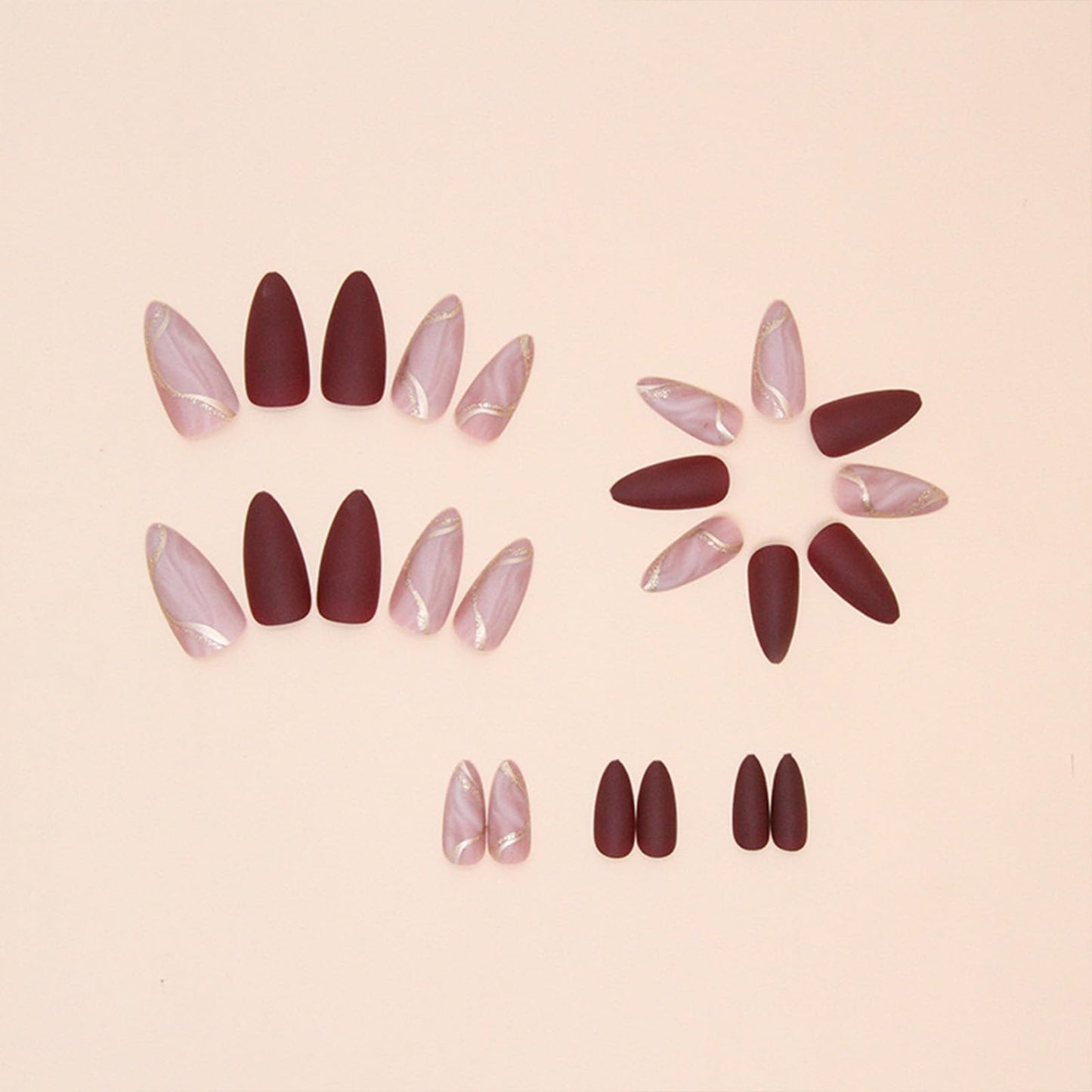 Almond Press on Nails Medium Fake Nails with Designs Marble Texture False Nails Press ons Reddish Brown Matte Glue on Nail Acrylic Full Cover Nail Artificial Stick on Nails for Women 24PCS