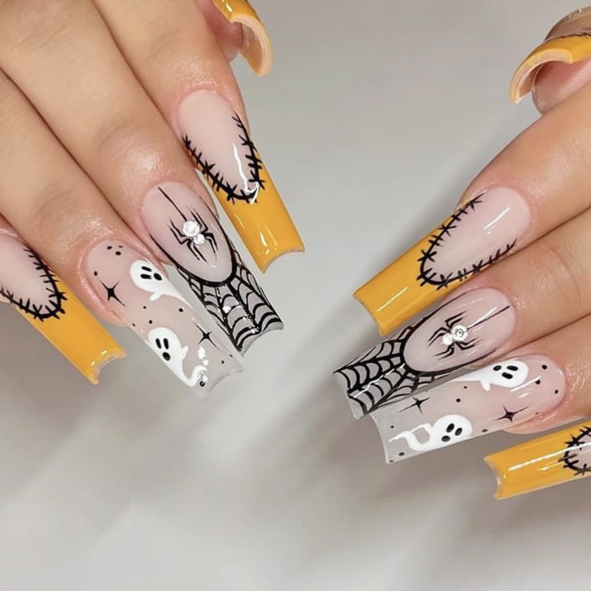 Halloween Press on Nails Long Coffin Fake Nails Spider Web Glue on Nails Cute Ghost Stick on Nails Square Nude Acrylic Nails Press ons for Women Manicure 24 Pcs