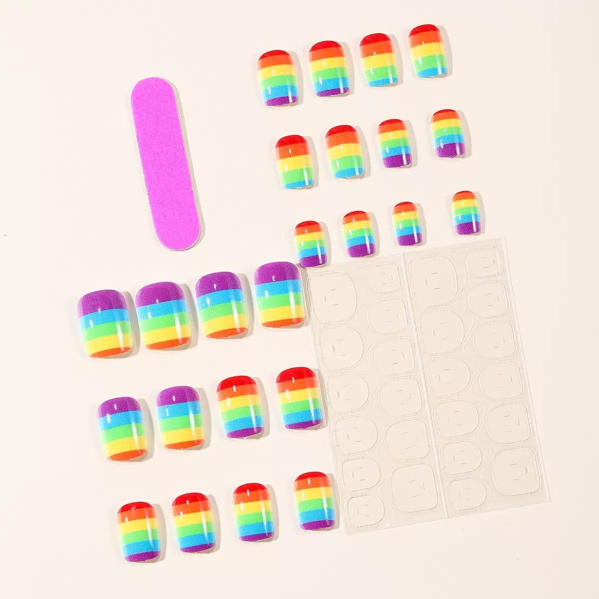 CTTHNBD Press on Nails Square - Short Fake Nails with Rainbow Stripes Design - Colorful False Nails Press ons - for Women 24 Pcs