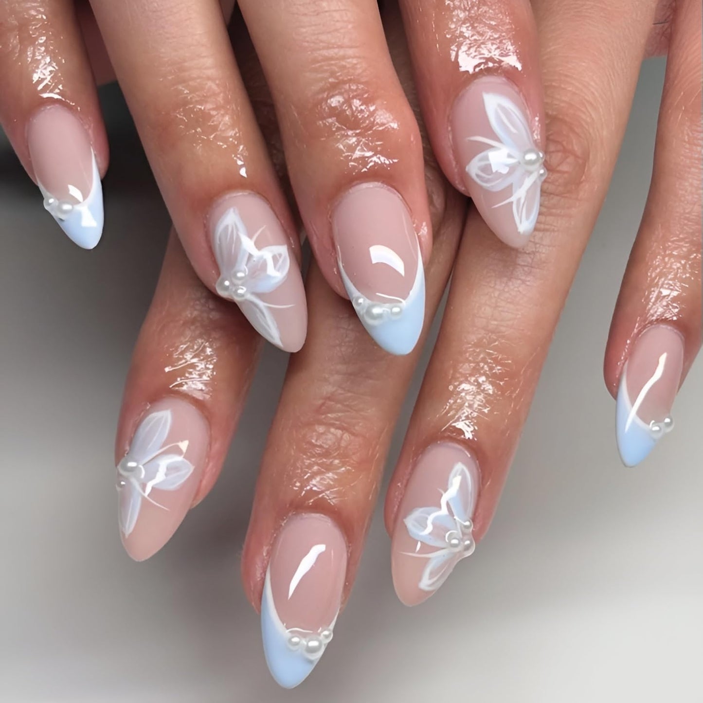 French Tip Press on Nails Medium Almond Fake Nails Flower Nails Press Ons with Pearl Design Glossy Full Cover False Ons Nail Spring Summer Glue on Nail DIY Acrylic Stick on Nail for Women 24Pcs