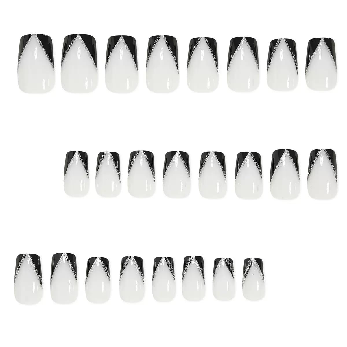 Square Press on Nails Medium - Black French Tip Fake Nails with Glitter Design - Wihte False Nails， Glossy Stick on - for Women 24 Pcs