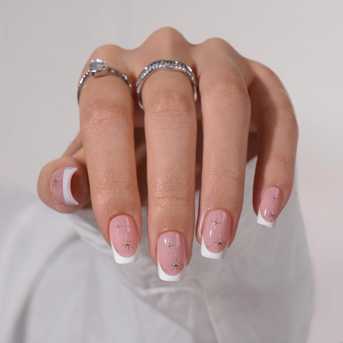 BTArtbox French Tip Press On Nails Short- Christmas Press On Nails with Stars, Natural Soft Gel Glue On Nails with Nail Glue, Reusable Stick On Nails in 16 Sizes, Classic French & Starlit Sparkle