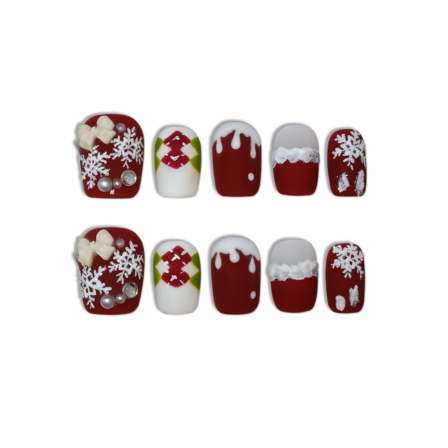 TENPAL Squoval Press on Nails -Acrylic Red Velvet Matte with Pearl Plaid & Snowfall Design | Handmade Winter Elegant Fake Nails with Tools | Christmas Party Gift Set(L)