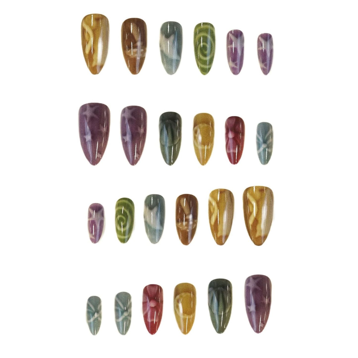 Press on Nails Medium Almond SWEKKE Fake Nails False Nails with Mushroom Stars Bow Flower Shell Designs Glossy Glue on Nail Full Cover Acrylic Nails for Women Girls 24Pcs