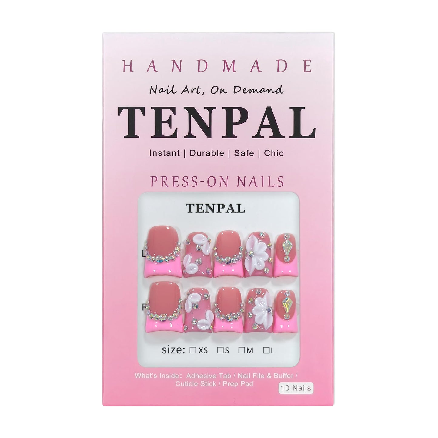TENPAL Duckbill Shape Handmade Press On Nails Kit,Pink French Floral Nails with 3D Flowers Diamond Designs,Glazed Donut Nude Pink Fake Nails with Tools,Elegant French Tip Duckbill Nails with Gems(S)