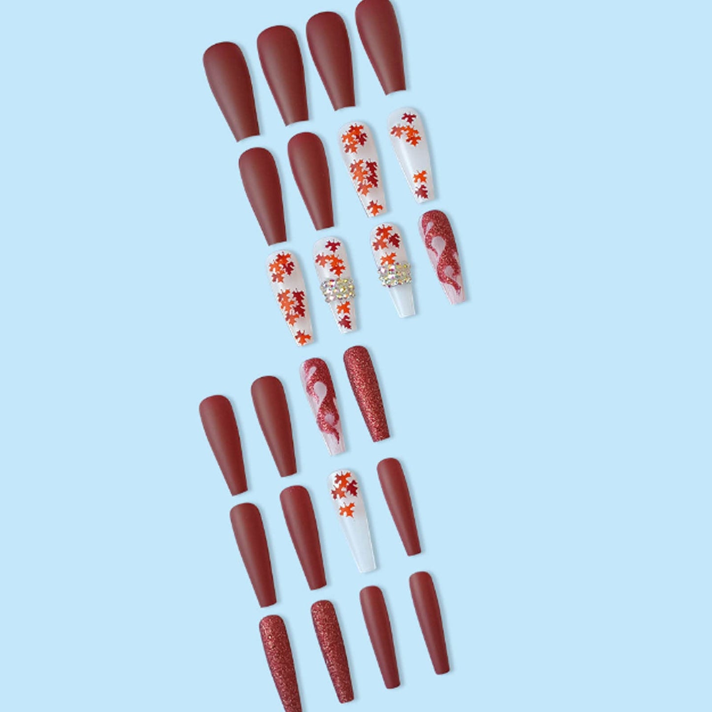 Hkanlre Red Press on Nails Tips Coffin Long Leaf Fake Nails Bling Full Cover Ballerina Rhinestones False Nails for Women and Girls 24PCS