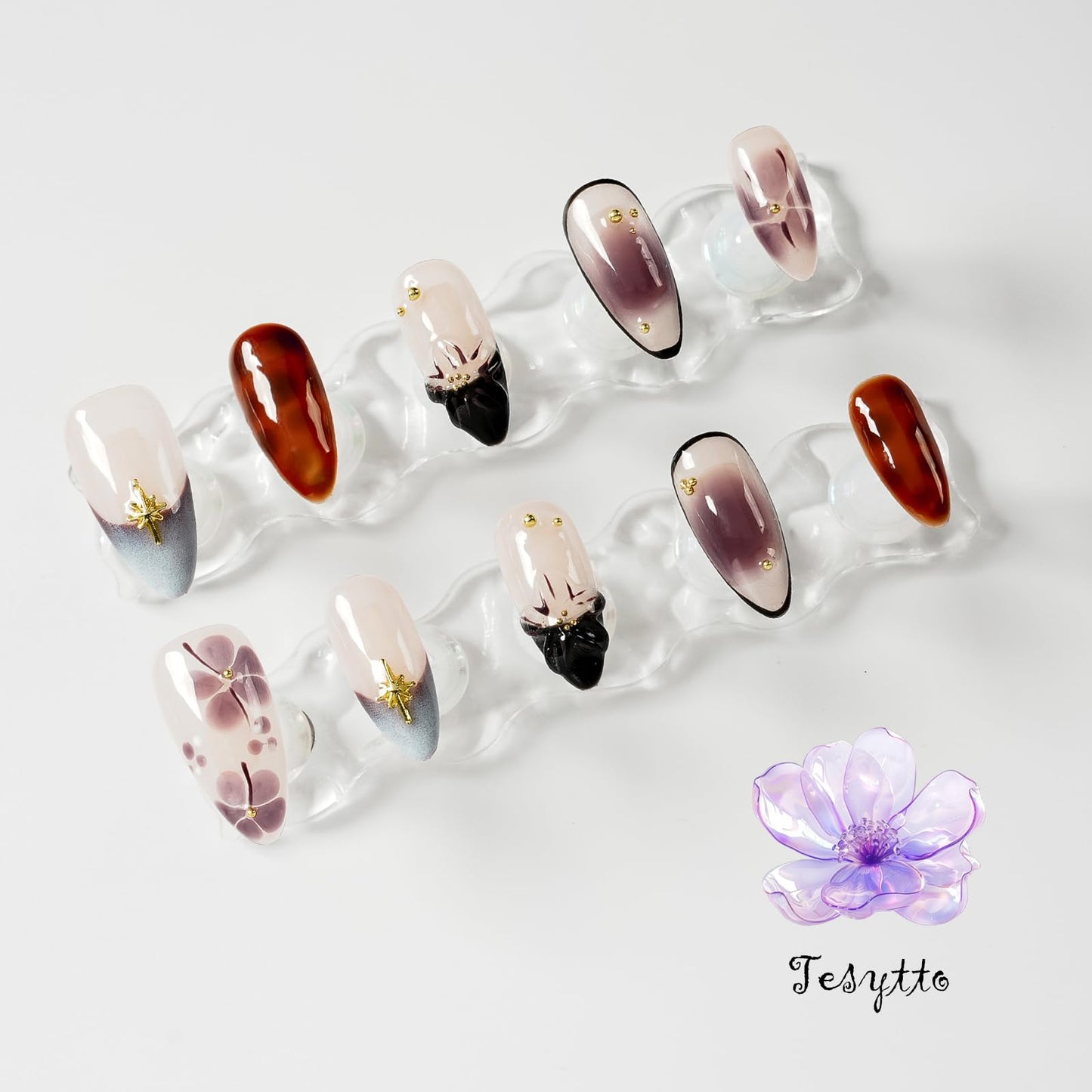 Tesytto Handmade Press on Nails Medium Almond, Nude Brown Gradient Floral Fake Nails, Glossy Reusable Stick On Acrylic Nails with Gold Charms Luxury Salon Design (Dusk Pastel Gradient Flowers, M)