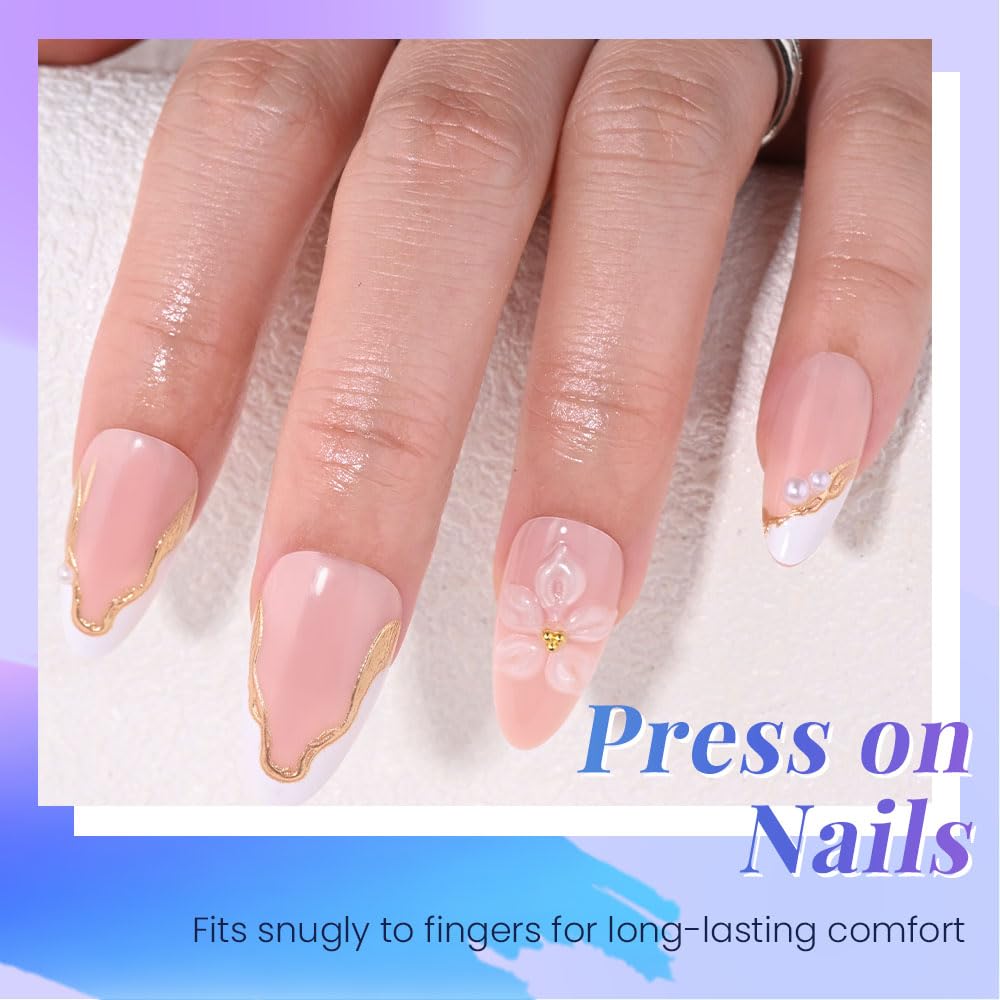 evpct Nude Pink French Press on Nails Short Almond No Glue, 3D Gold LineWhite French Tip Stick on Nails for Women, Reusable Full Cover Soft Press on Fake Nail Perfectly Fit with 3D Flower Design