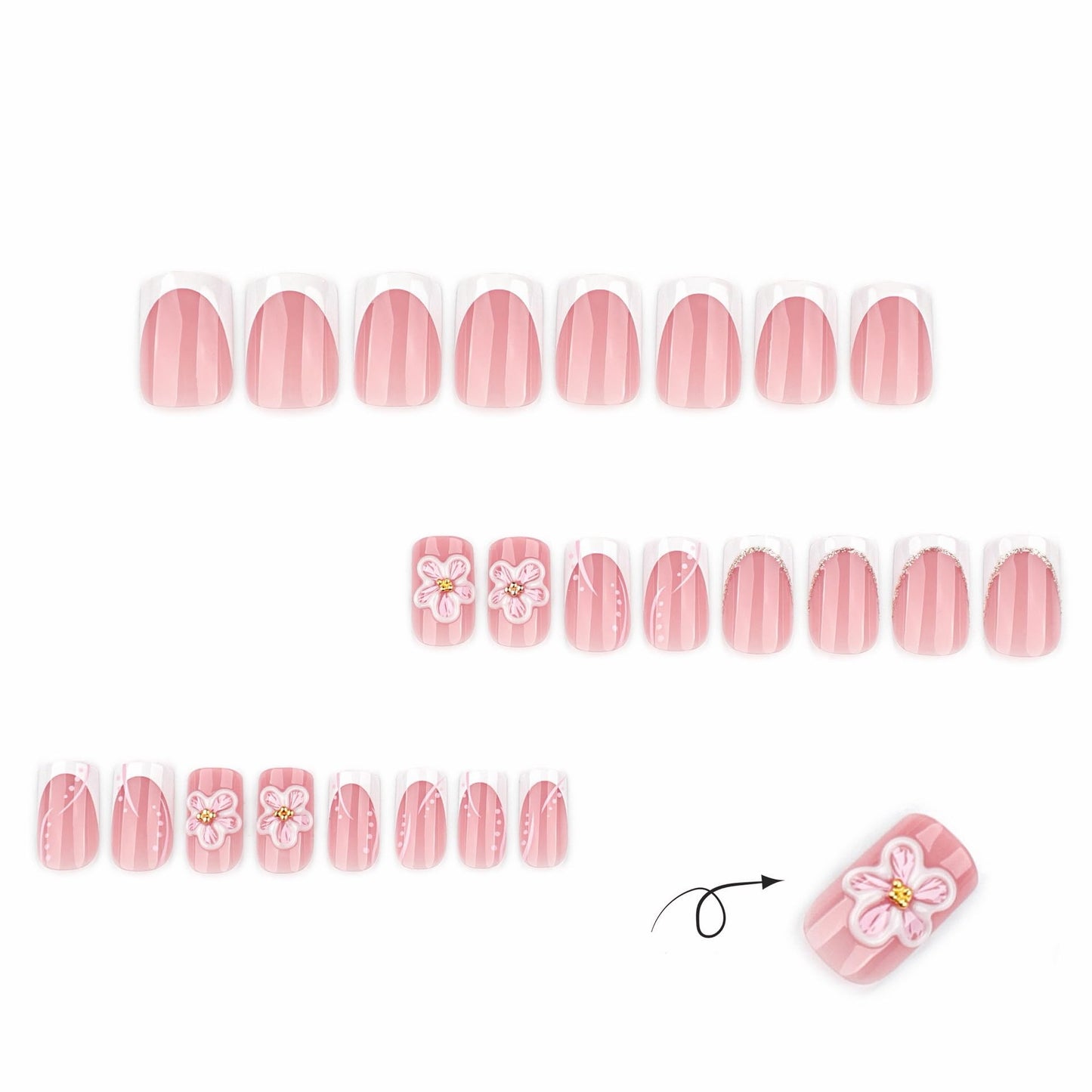 CTTHNBD Square Press on Nails Short - White French Tip Fake Nails with Flower Design - Cute, Summer False Nails for Women 24 Pcs