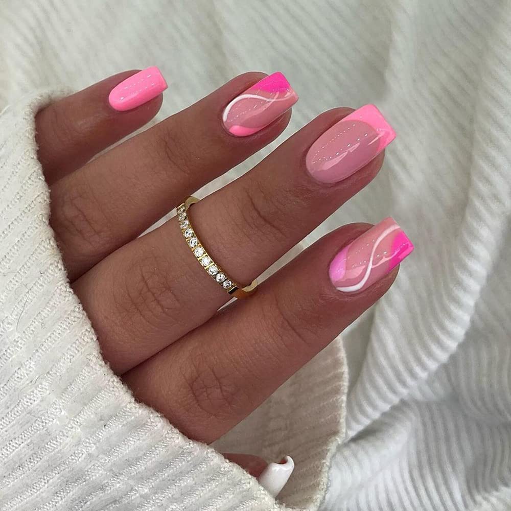 KXAMELIE Baby Pink Press on Toes Short Square &Hot Pink Swirls Press on Nails Short Square For Beach Party Daily Decoration in 48 PCS