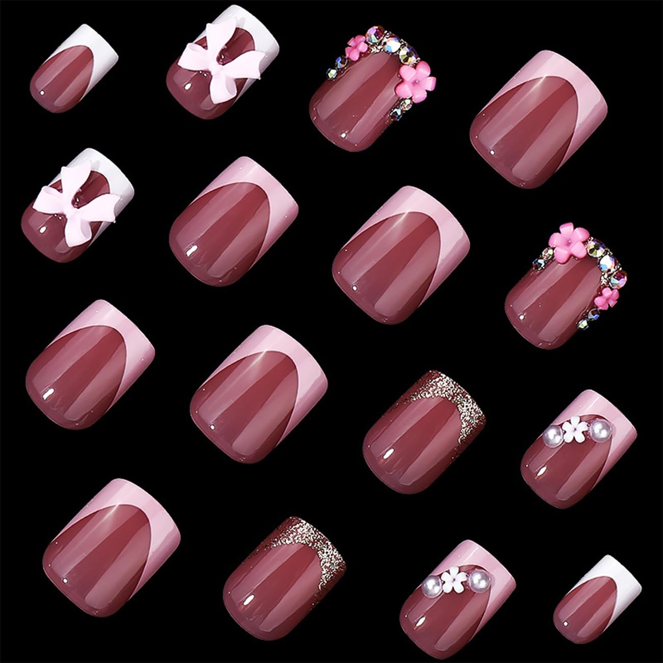 24pcs French Tip Press-On Nails - Short, Charms, Bow, Flower Design, Pink, Cute, Square Shape, Acrylic, Rhinestones