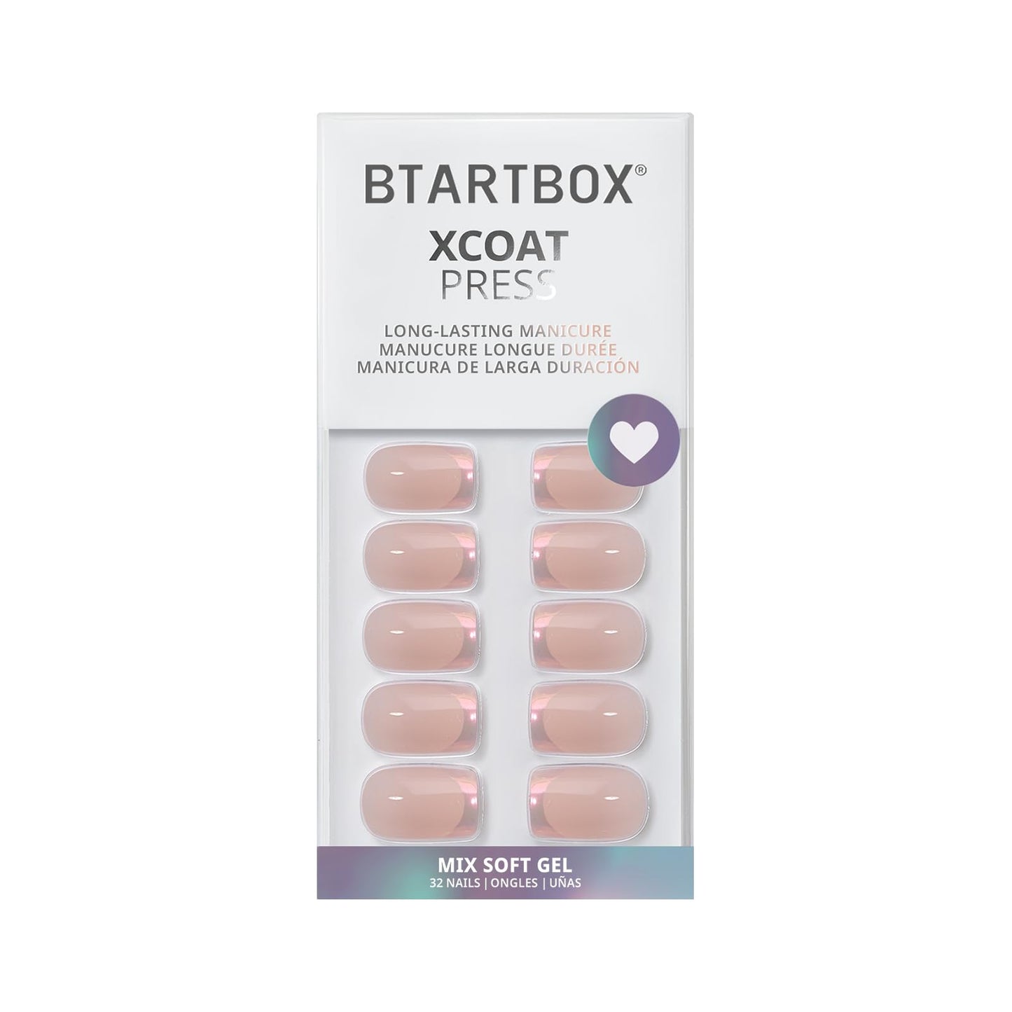 BTArtbox Press On Nails Short - Muted Glitz, Lamp-Curable Nude Chrome French Tip Square Press On Nails with Glue and Adhesive Tabs for Women in 16 Sizes - 32 Nails All-in-One Kit