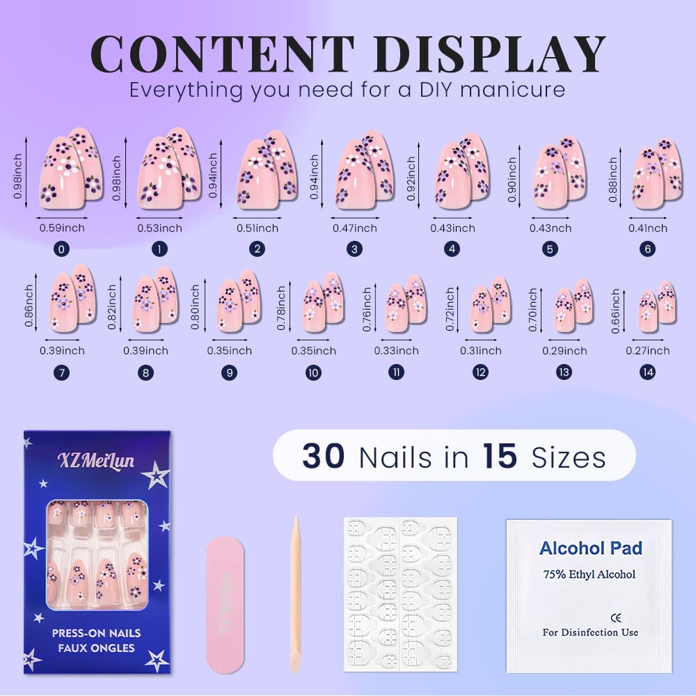XZMeiLun Spring Summer Purple White Floral Press On Nails Medium Almond Fake Nails, Salon Quality Reusable Acrylic Nails for Women & Girls, DIY Nail Art Gift Kit - 30 PCS 15 Sizes