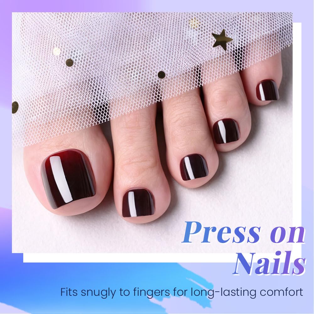 evpct Red Black Ombre Press on Toenails Square for Women Gift,Glossy Square Fake Stick Press on Toe Nails, Soft Stick on Toenail Set with Kit, Lightweight Perfectly Fit Full Cover Fake Toenails 32Pcs