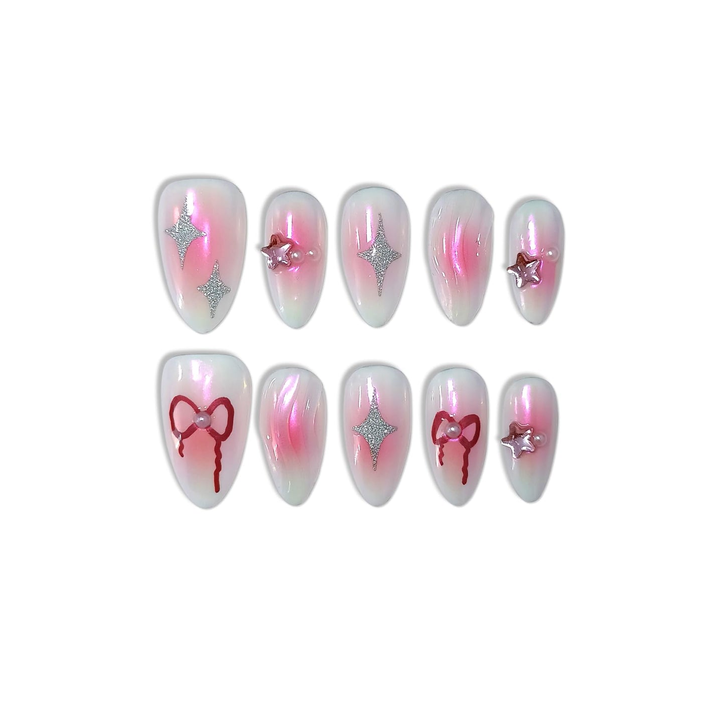TENPAL Handmade Press On Nails Almond,Aurora Pink Acrylic Glossy Y2k Sweet Cool Soft Gel Fake Nails,Reusable Glue On Nails With Star Bow Stars Designs,10pcs/Box Manicure Art With Charms(M)