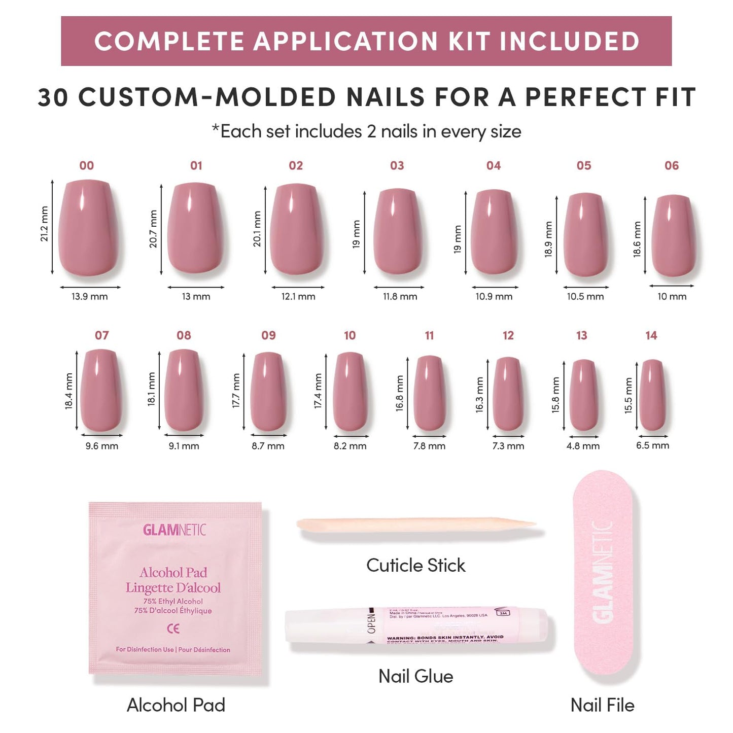 Glamnetic Press On Nails - Medium Coffin Fake Nails, Muted Mauve Purple Nails, Mauve Affair | 15 Sizes - 30 Nail Kit with Glue | Gift for Mom