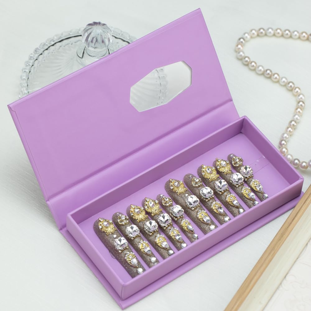 Tmani 10pc/set Extra Long Handmade Press On Nail Hot Girl's Long Ballet Nails Square Nail Full of Diamond Glitter Decoration Fake Nails Suitable For Girls Festival Parties and Birthday Gift (Grey, M)