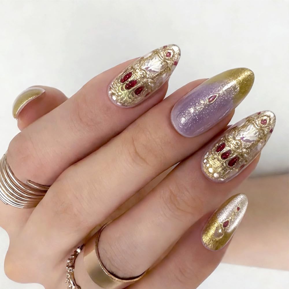 Redykat 30PCS Handmade Buccellati Press On Nails,Gold Chrome Press on Nails, Almond Salon Quality Nail art, Gold and Purple Cat Eye Gel Fake Nails (Golden Buccellati)