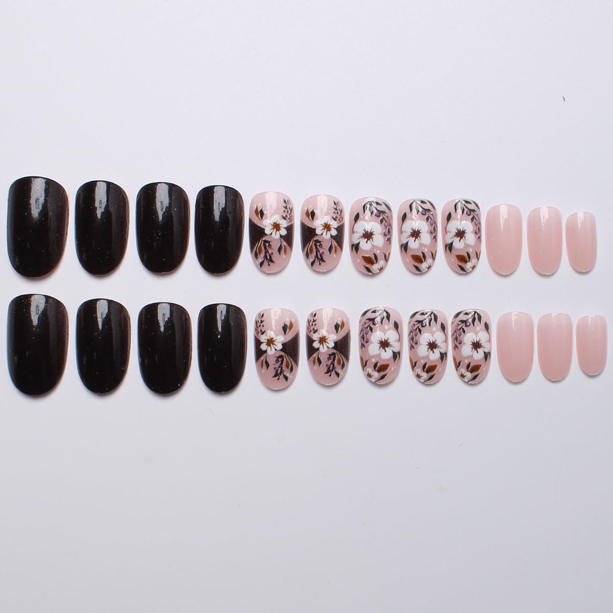 Flower Press on False Nails Spring Fake Nails Medium Oval Glue on Nails with White Flower, Black Solid Designs Glossy Press ons Stick on Nail for Women Manicure 24Pcs