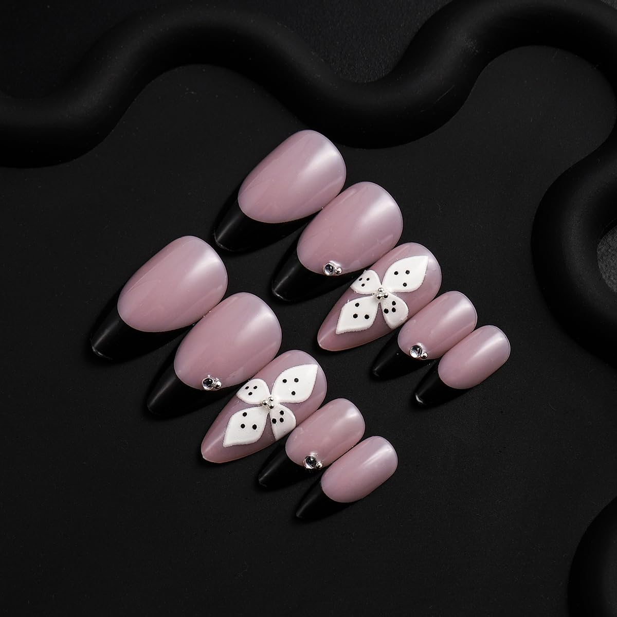 French Tips Press on Nails Medium Almond Nails Press on with 5D Flower Charm Design Glossy Nude Fake Nails Rhinestones Glue on Nail Reusable Fall Summer Nail for Women Manicure 24Pcs