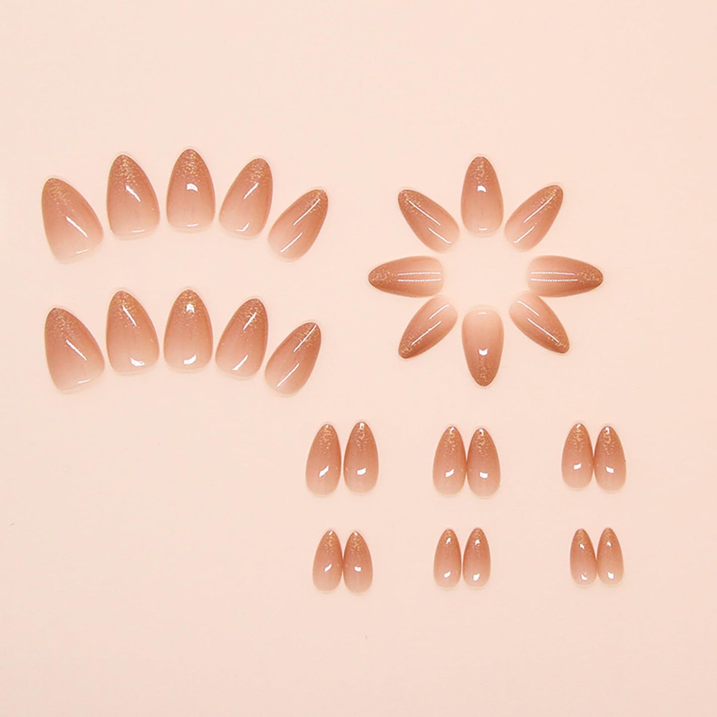 Short Almond Press on Nails Gold Glitter Gradient Nude Pink Fake Nails Nails Press ons Acrylic Nails False Glossy Artificial Full Cover Stick on Nails for Women Girls 24 Pcs