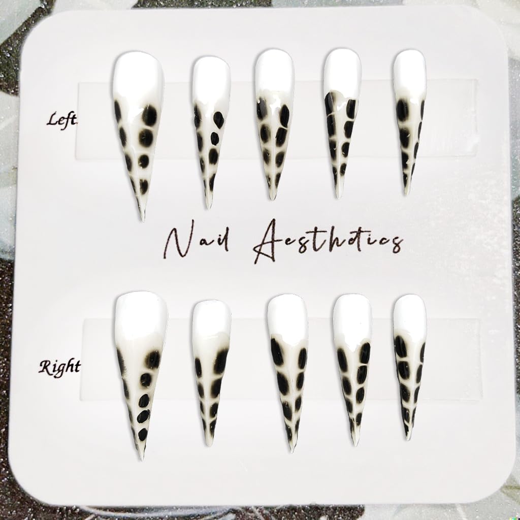 Handmade Press on Nails Extra Long Curved Stiletto Fake Nails Cat Claw Dragon Designs French Tip Acrylic Nail Black White Eagle Claw Fake Nail Full Cover Stick on Nails for Women (M)