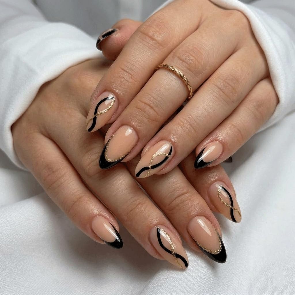 Black Press on Nails - French Tip False Nails with Gold Line Design - Almond Fake Nails Press ons - for Women 24 Pcs