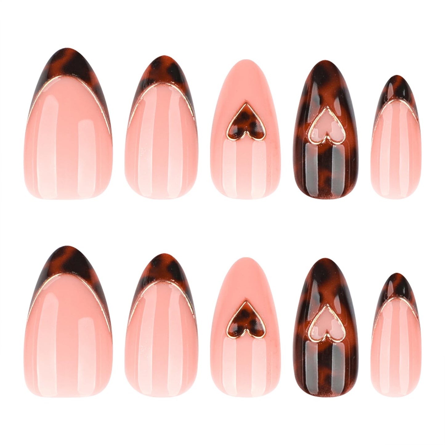Medium Press On Nails Almond, Nude Pink French Tip Leopard Design with Gold Heart Detail, Glossy Acrylic Fake Nails, Reusable Stick On Nail Set 24pcs for Women, Chic Elegant Manicure