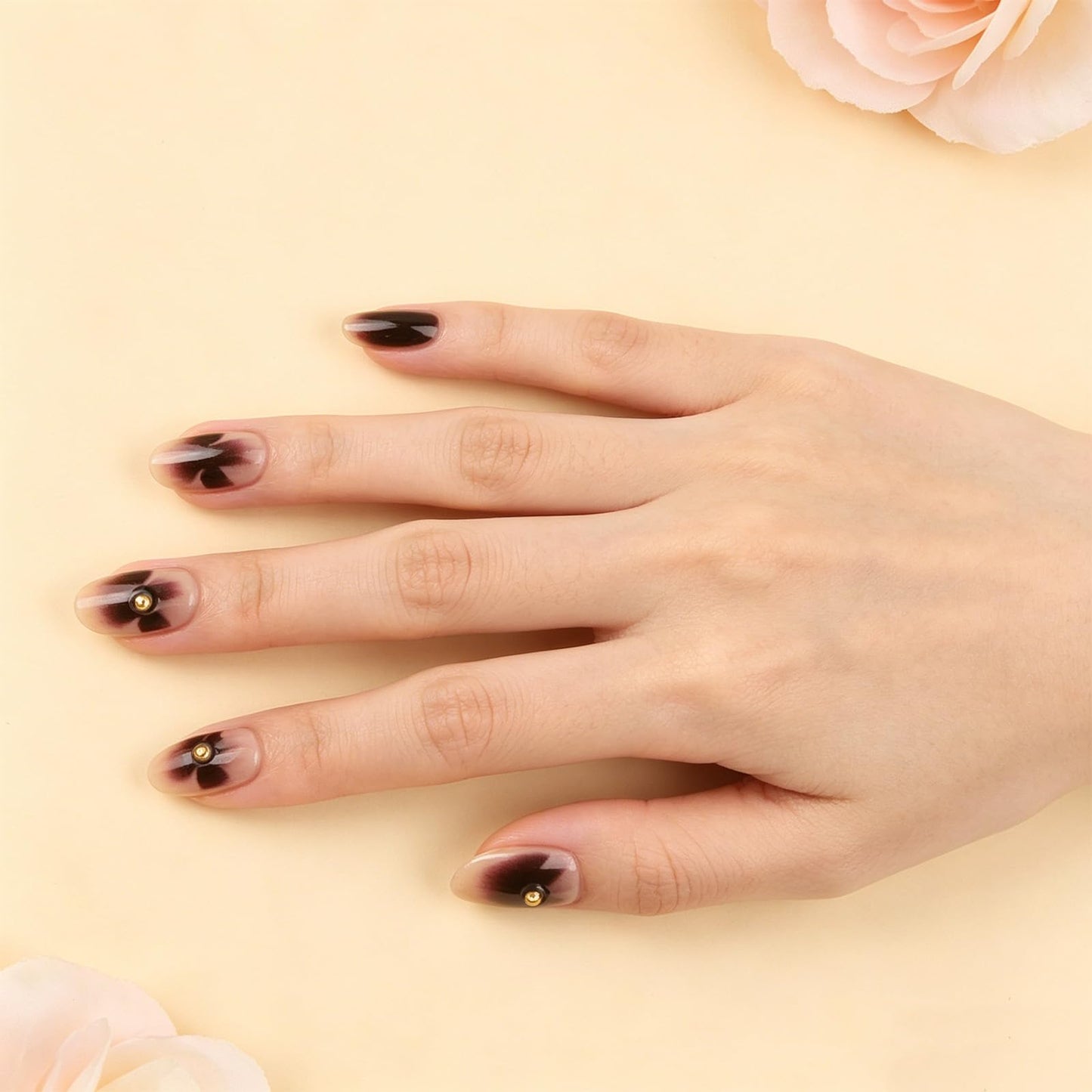 Press on Nails with Flower Design Floral Medium Almond False Nails Black Ombre Fake Nail Glossy Gold Accent Glue on Nail Gradient Stick on Fingernails for Women Elegant Daily Wear