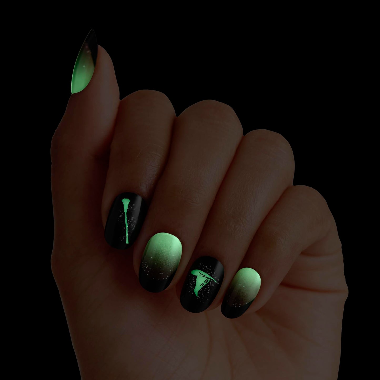KISS X WICKED: FOR GOOD Press On Nails, ‘Own Your Power’, Black, Short Oval, Waterproof, Chip Proof, Smudge Proof, 28 Fake Nails, Pink Gel Nail Glue (2g), Mini Nail File, & Manicure Stick