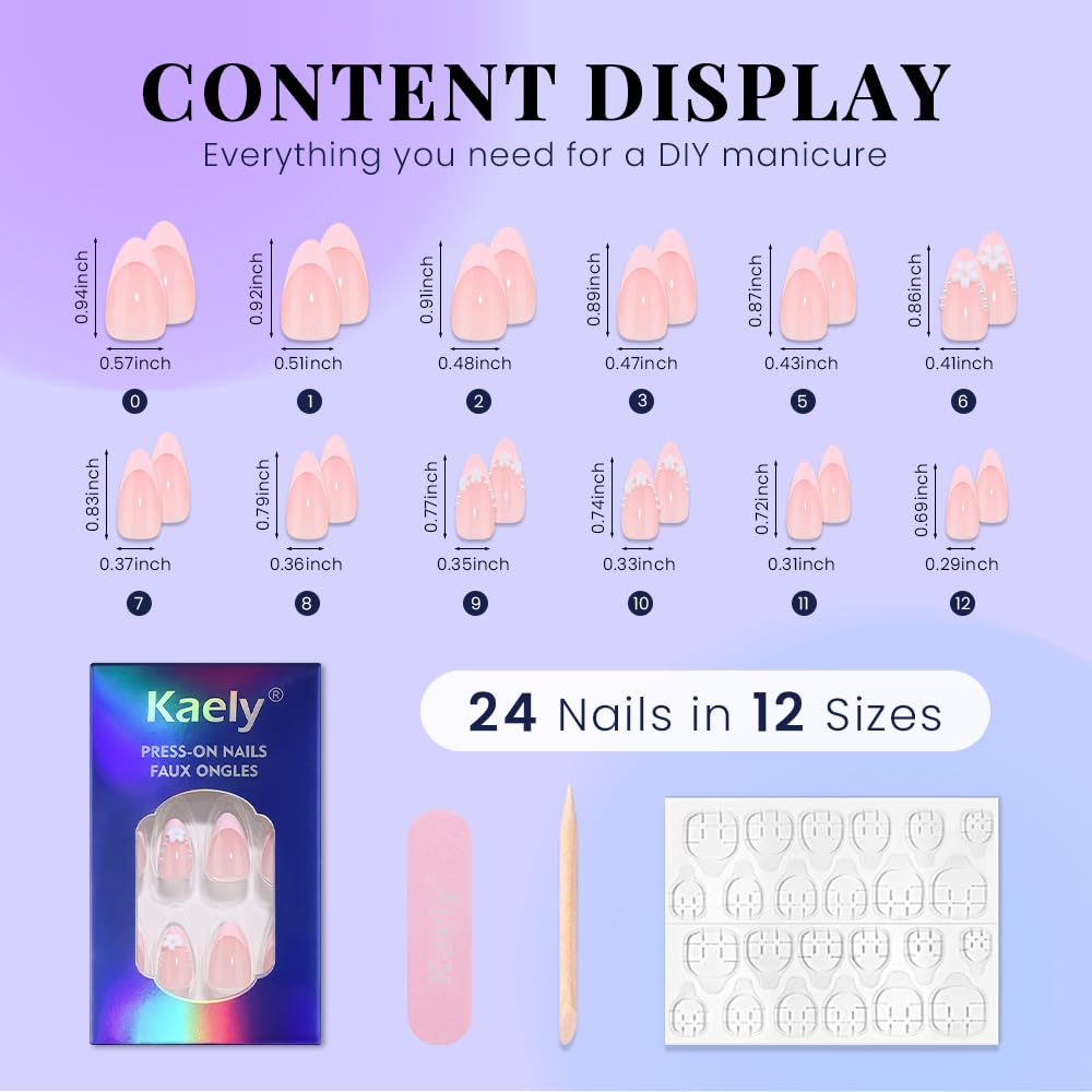 evpct Nude Pink French Press on Nails Short Almond with 3D Flower Design, Pink French Tip Stick on Nails for Women Gift, Reusable Full Cover Soft Press on Fake Nail Perfectly Fit with Pearl Design