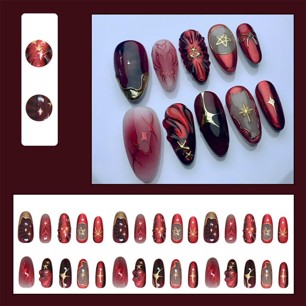 24Pcs Red Press on Nails Medium Almond French Tip Fake Nails with 3D Star Bow Gilding Design Gothic False Nails Full Cover Artificial Glue on Nails Goth Handmade Stick on Nails for Women DIY Manicure