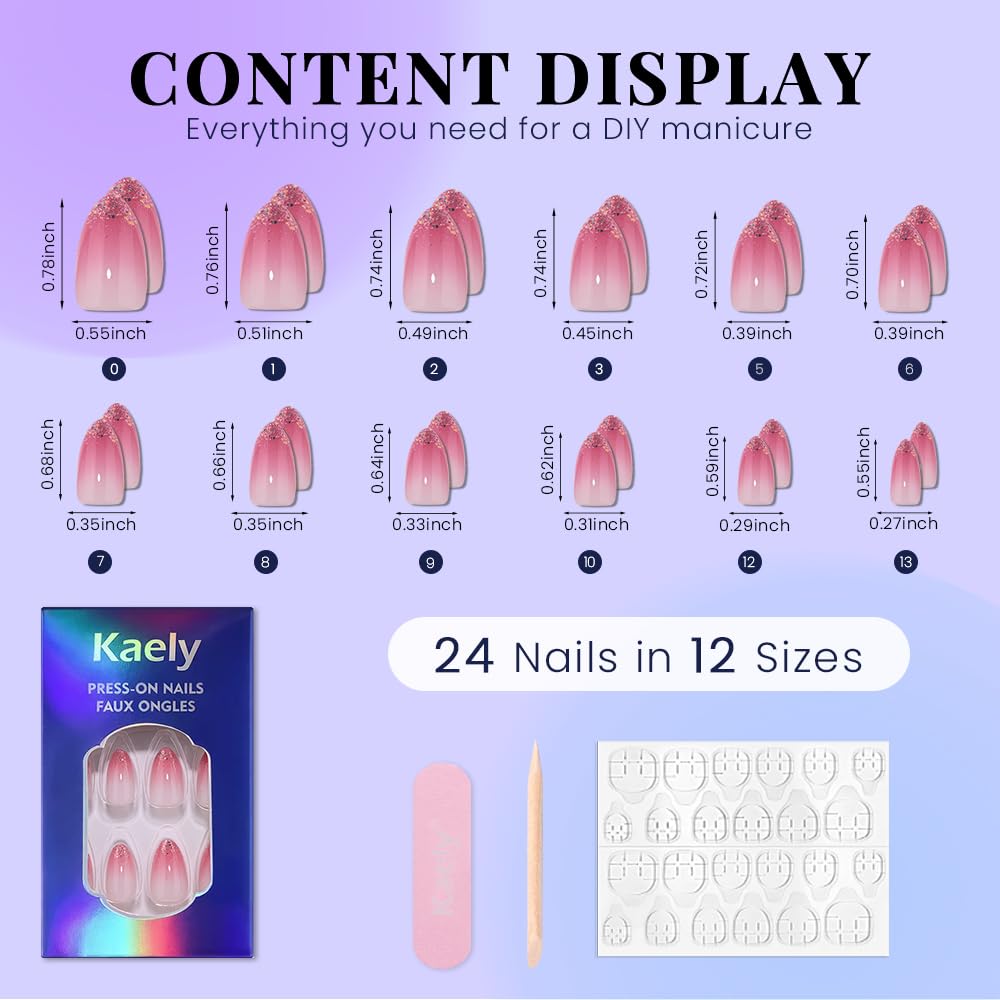 evpct Ombre Peach Pink Press on Nails Short Almond, Sparkle Tip Nail Glossy Stick on Nail for Women Gift with Manicure Kit, Reusable Full Cover Soft Stick on Fake Nails with Ombre Design Perfectly Fit