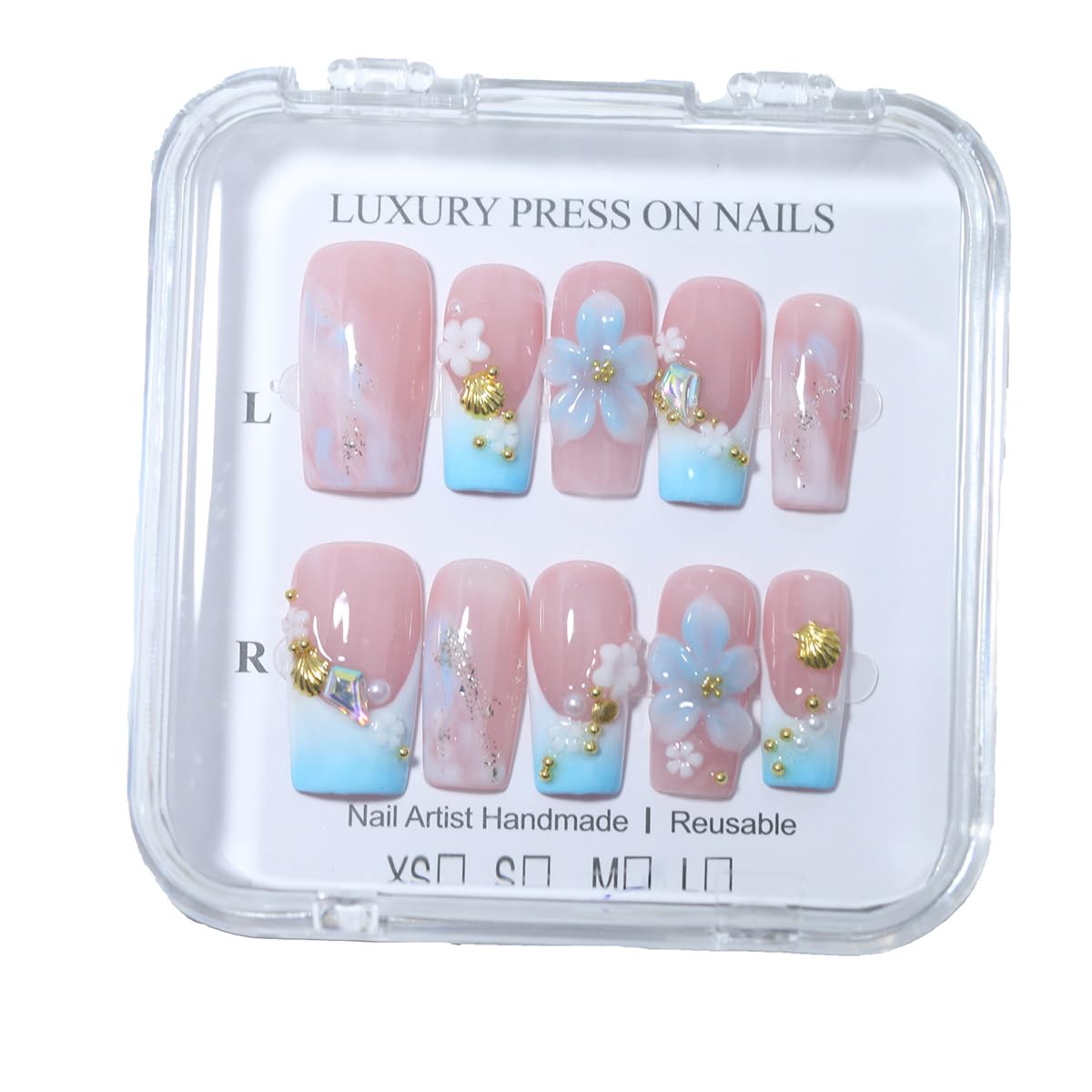 10Pcs Long Coffin Handmade Press On Nails | Easy Apply & Remove, Reusable Salon Quality Nails | Fresh Summer Pink Blue Fake Nails with 3D Flower, Gold Seashell & Rhinestone French Accents (O907, S)