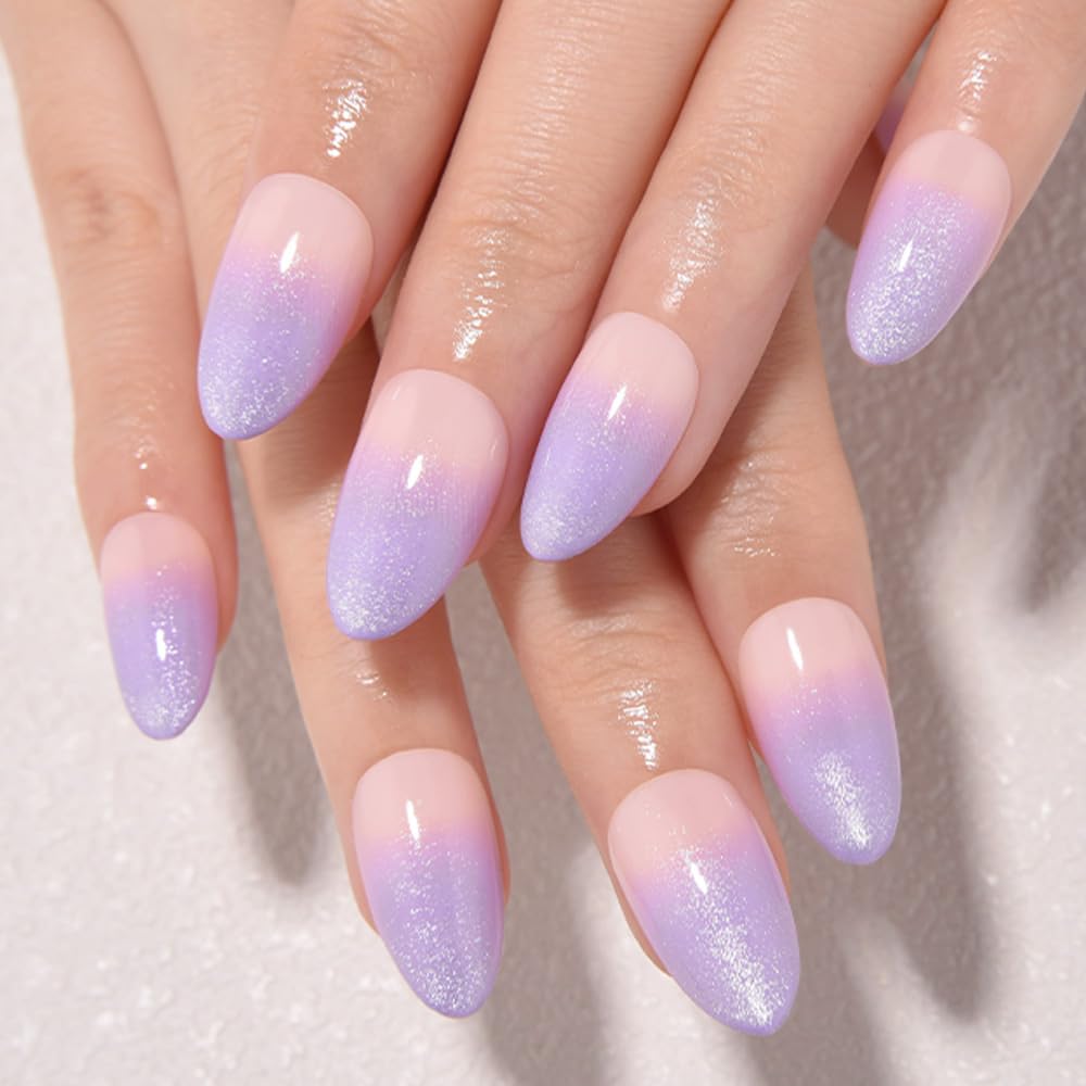 evpct Ombre Nude to Orchid Press on Nails Short Almond, Short Almond Glossy Stick on Nail for Women Gift with Manicure Kit, Reusable Soft Gel Stick on Fake Nail with Glitter Designs Perfectly Fit