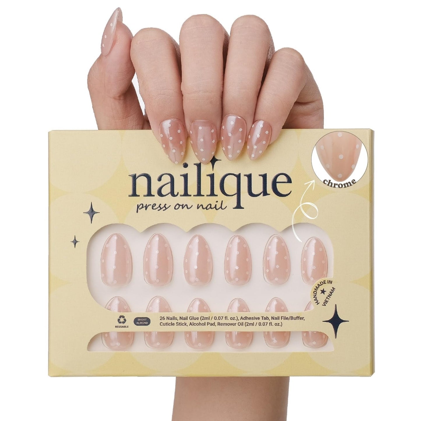 NAILIQUE Press On Nails Short Almond, Handmade Soft Gel Chrome Glazed Donut Nude White Polka Dot Fake Nails, 26pcs Reusable Nail Tips with Glue & Remover, Salon Quality Wedding & Everyday Manicure