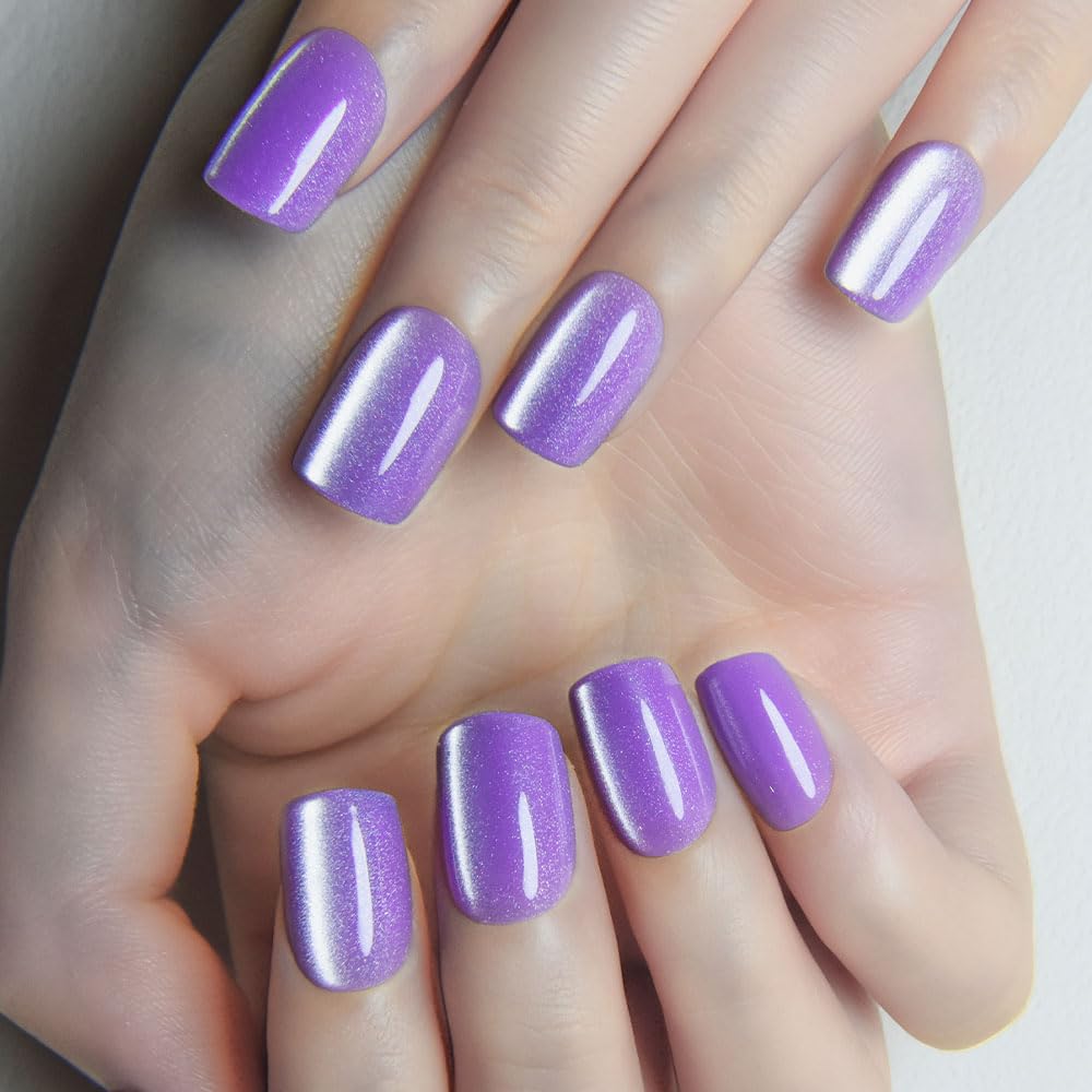 Lavender Cat Eye Press on Nails Short Square, Short Square Stick on Nails for Women Gift, Orchid Purple Glitter Glossy Fake Nail Reusable Press on Acrylic Fake Nail with Holographic Cat Eye Design