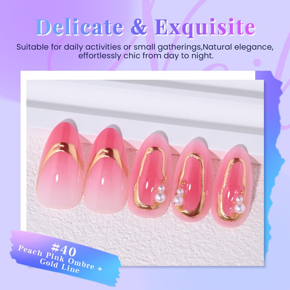 XZMeiLun Pink Ombre Gold Frame Pearl Flower Press on Nails, Medium Almond Acrylic Fake Nails Design, Natural Reusable Nails Kit for Women DIY False Nail Art Decoration Gift, Salon Quality Reusable