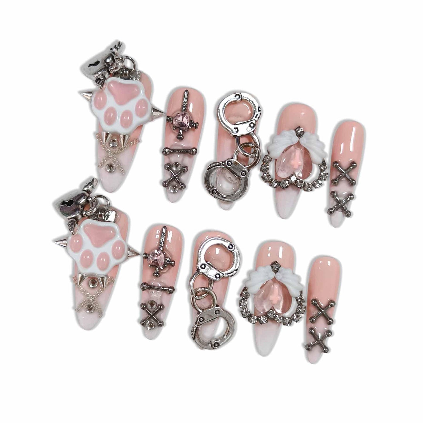 Hantyer Nude Ombre Gothic Press on Nails with Cat Paw Print & Silver Charms, Long Stiletto Glossy Sweet Cute Fake Nails, Reusable Kawaii False Nails for Women Birthday Party Cat Lover Gifts (Size M)