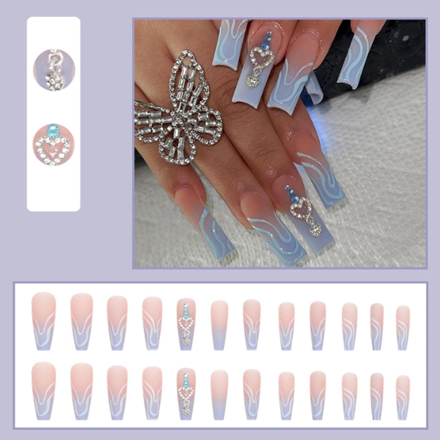 YoYoee Diamond Inlaid Manicure French Press on Nails Gradient Fake Nails Long Coffin False Nails Acrylics Full Cover Tips for Women and Girls 24PCS