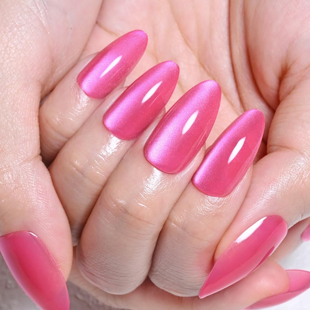 XZMeiLun Cat Eye Hot Pink Press On Nails Almond Medium, Magnetic Acrylic Fake Nails Stylish Design, Salon-Quality Shiny Finish, Reusable Stick On Nails Kit for Women, Daily Wear (No Glue Included)