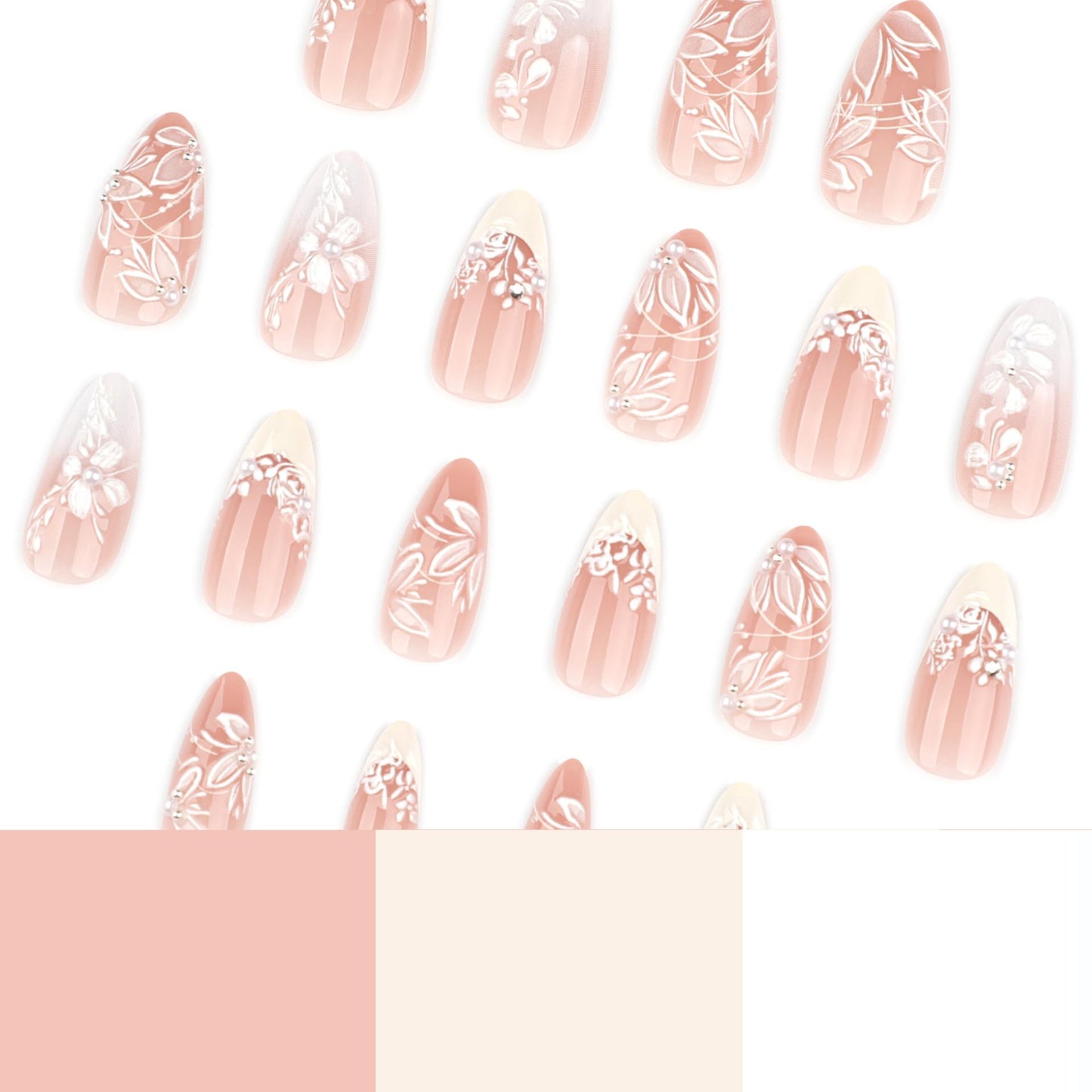 LBPEPAMZ 24Pcs White Press on Nails Almond Short Fake Nails with 3D Flowers Pearl Flash Charms Design White French Tip Glue on Nail Spring Summer Floral Acrylic False Nail Stick on Nails for Women