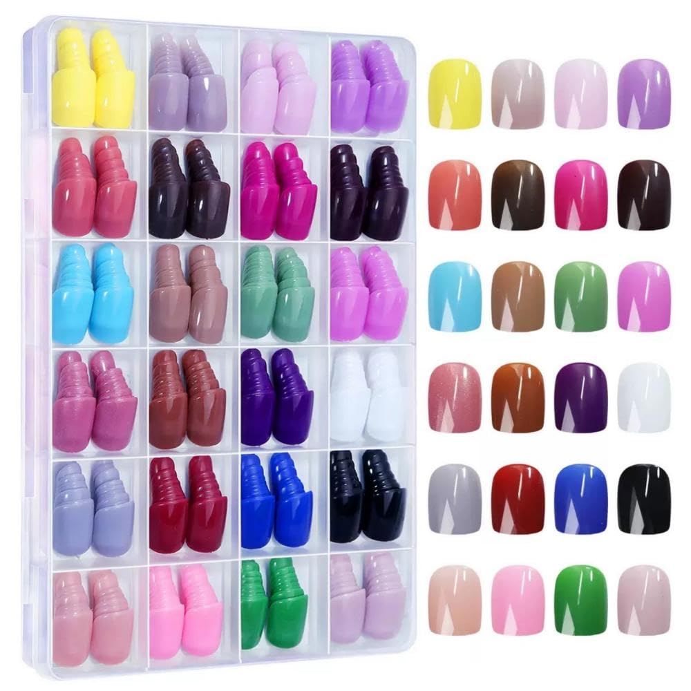 576Pcs Short Square Press on Nails Glossy Summer Fake Nails with Designs Full Cover Color False Nails 24 Solid Color Glue on Nails Reusable Acrylic Stick on Nail Set for Women Girls Nail Art DIY