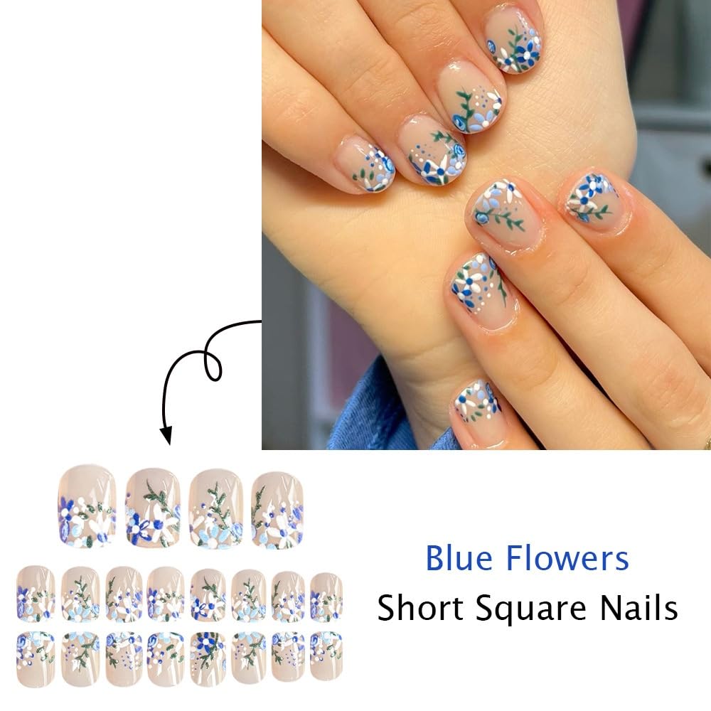 Flower Press on Nails Short Square Fake Nails with Blue Floral Design Glossy Light Blue Glue on Nails Polka Dots Nails Press ons Reusable Full Cover Spring Summer Acrylic Nail for Women Manicure 24Pcs