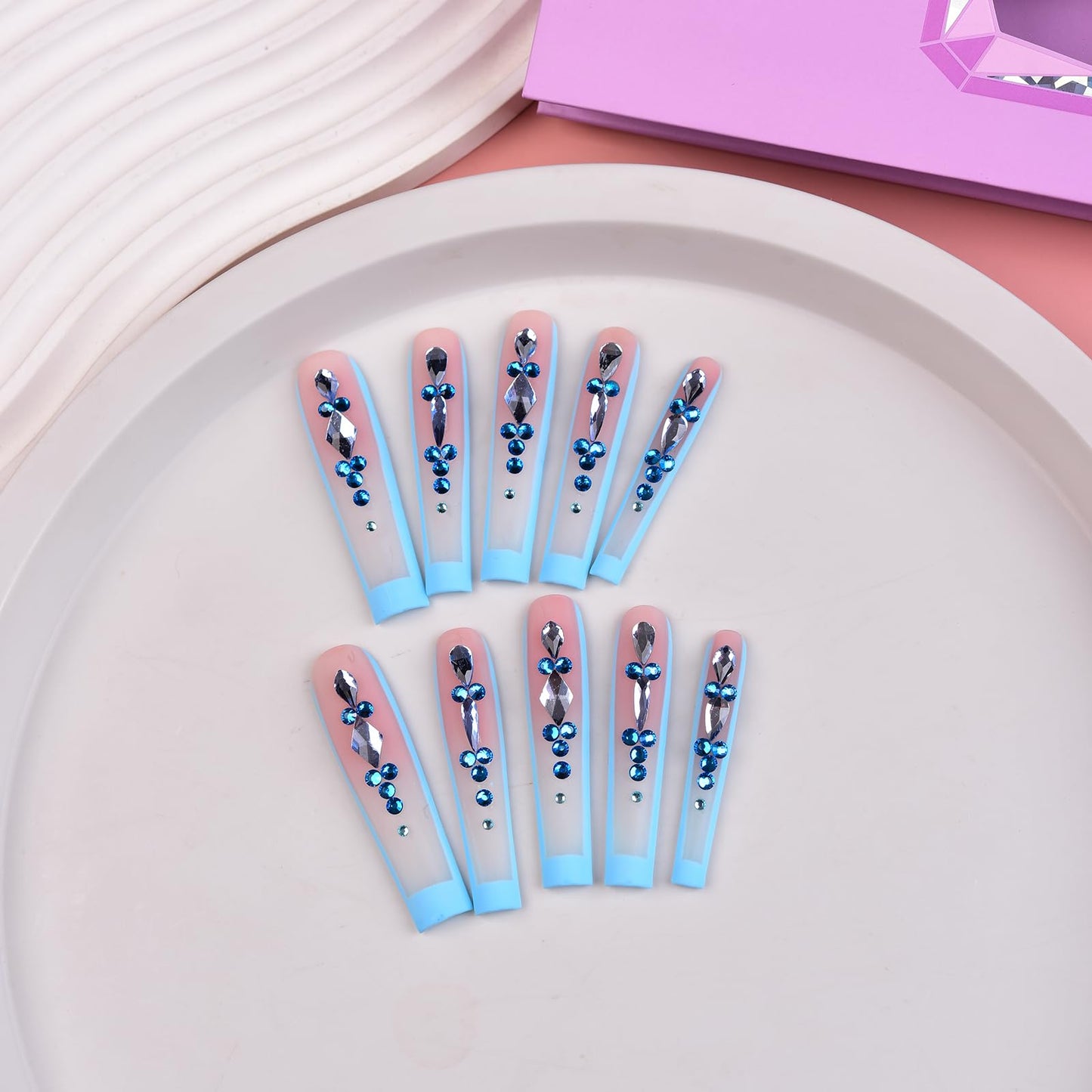 Tmani 10pc/set Extra Long Handmade Press On Nail Hot Girl's Long Ballet Nails Square Nail Full of Diamond Glitter Decoration Fake Nails Suitable For Girls Festival Parties and Birthday Gift (136,L)