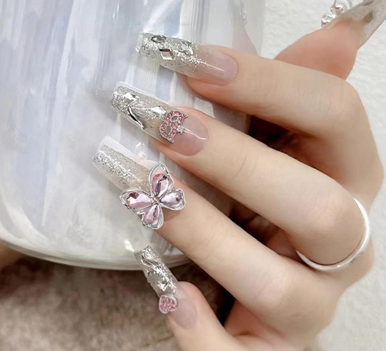 COOSLIM 60 Pcs Heart Nail Charms, Rhinestone Pink Butterflies Nail Art Gems, Star Heart Butterfly Charms Decorations Sailor Moon Acrylic Nail Accessories for Women DIY Crafts 1